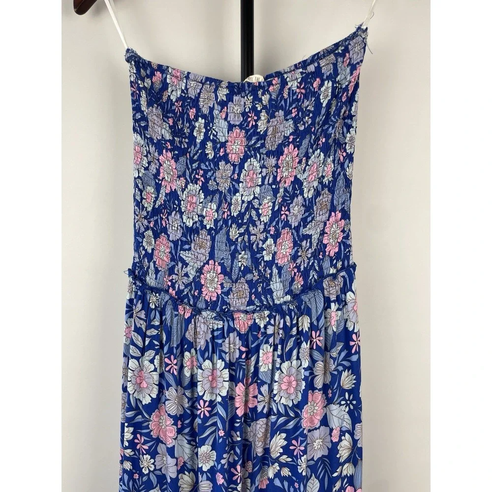 Abel The Label Womens Strapless Maxi Dress Sz S Blue Pink Floral Smocked Boho - Picture 2 of 8